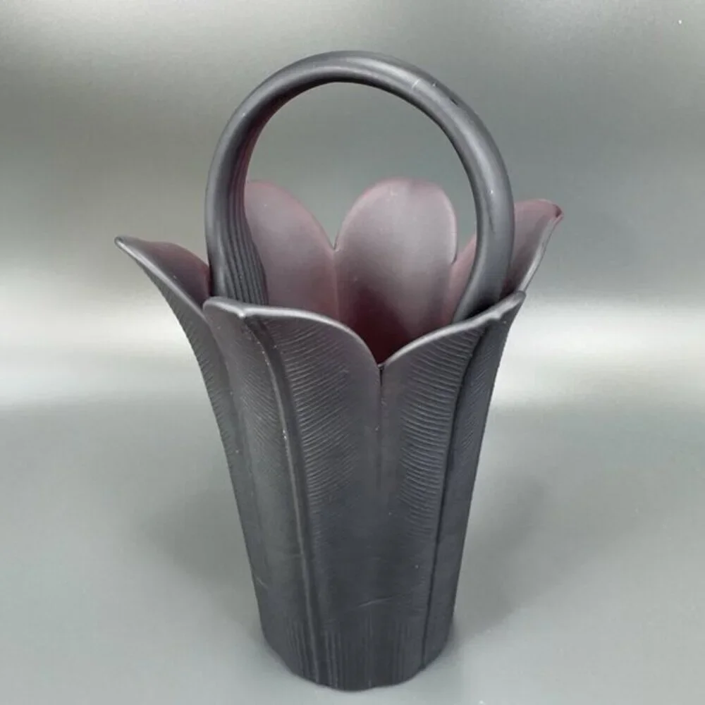 Mikasa Frosted Plum Purple Glass‎ Vase Basket Bowl Flower Shaped Japan Satin VTG